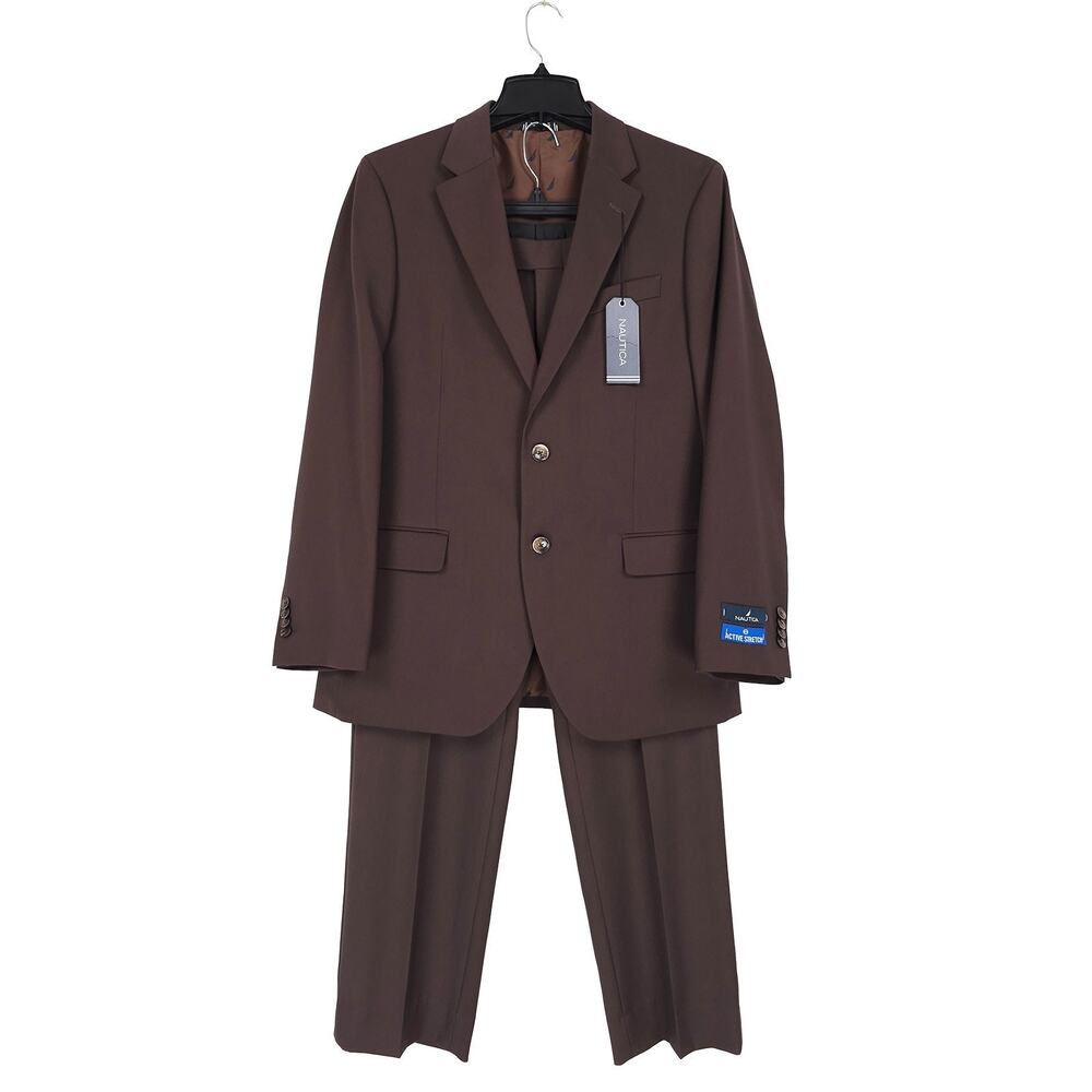 Nautica Mens Modern Fit 2 Piece Suit 38R 32W Brown Solid Stretch NWT